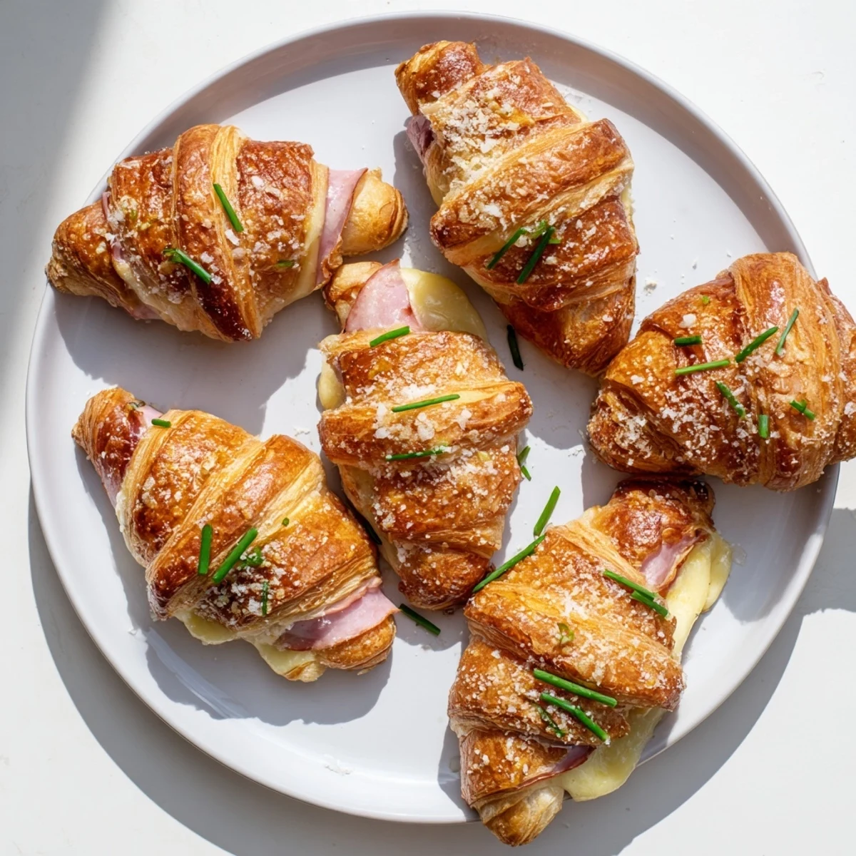 Golden, flaky Stuffed Croissants filled with melted Swiss cheese, savory ham, and Dijon sauce on a rustic plate.