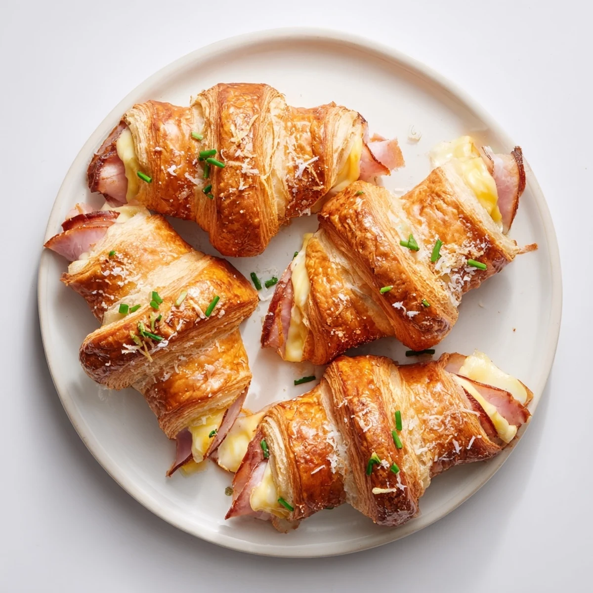 Freshly baked Stuffed Croissants showing a cheesy, hot interior with ham and creamy sauce on a wooden board.