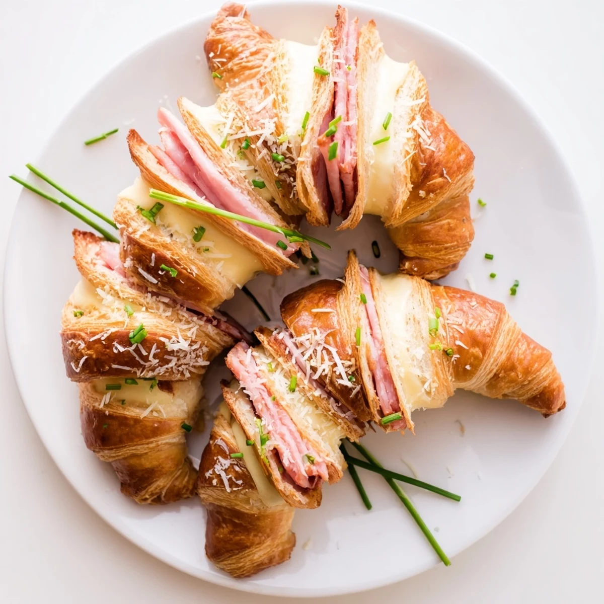 Warm Stuffed Croissants paired with a green salad, highlighting the golden crust and rich ham-and-cheese filling.