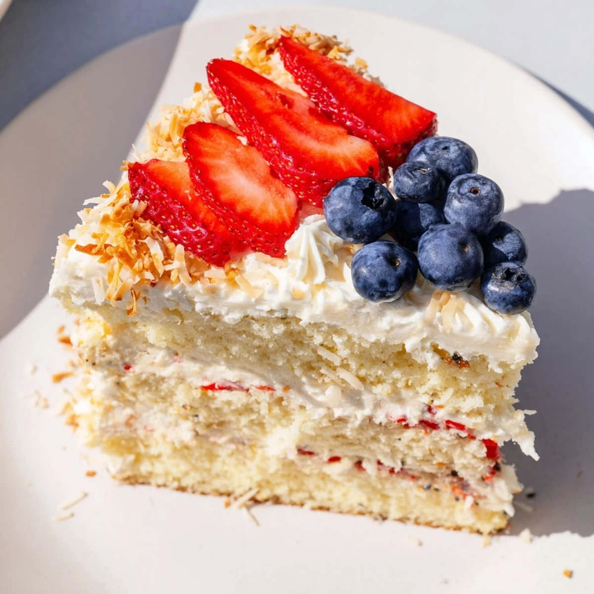 Pineapple Coconut God Bless America Cake slices topped with red strawberries and blue blueberries for celebration.