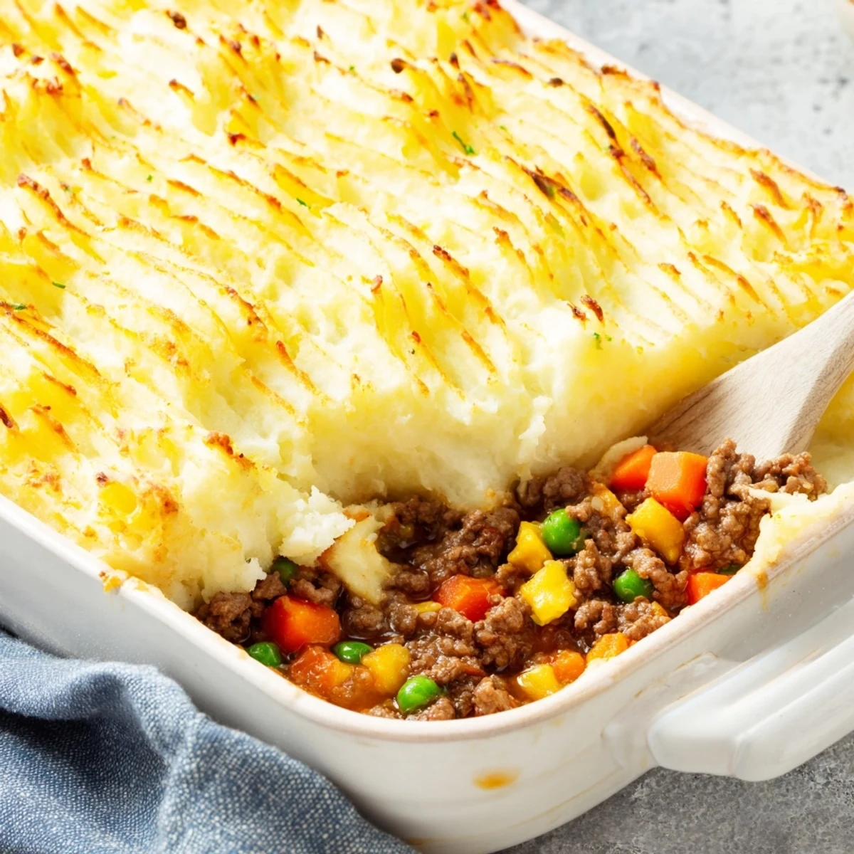 Creamy mashed potatoes top the golden-baked Easy Shepherds Pie, revealing a savory beef and vegetable filling in a white dish.