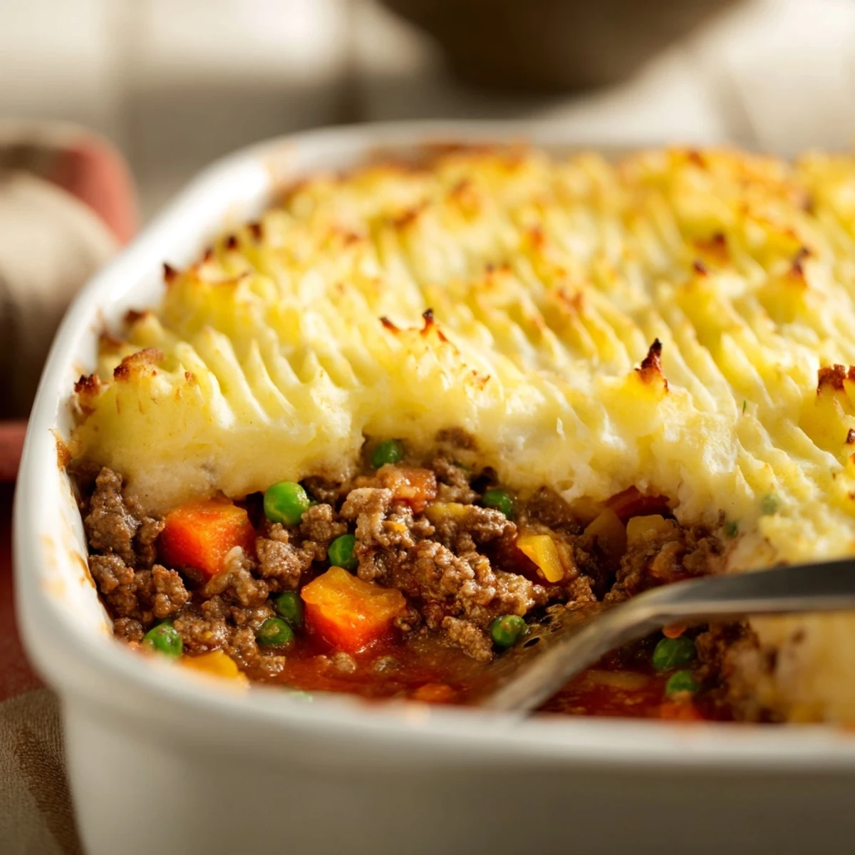 Serve Easy Shepherds Pie from a rustic baking dish with peas and carrots in the rich filling for a comforting dinner.