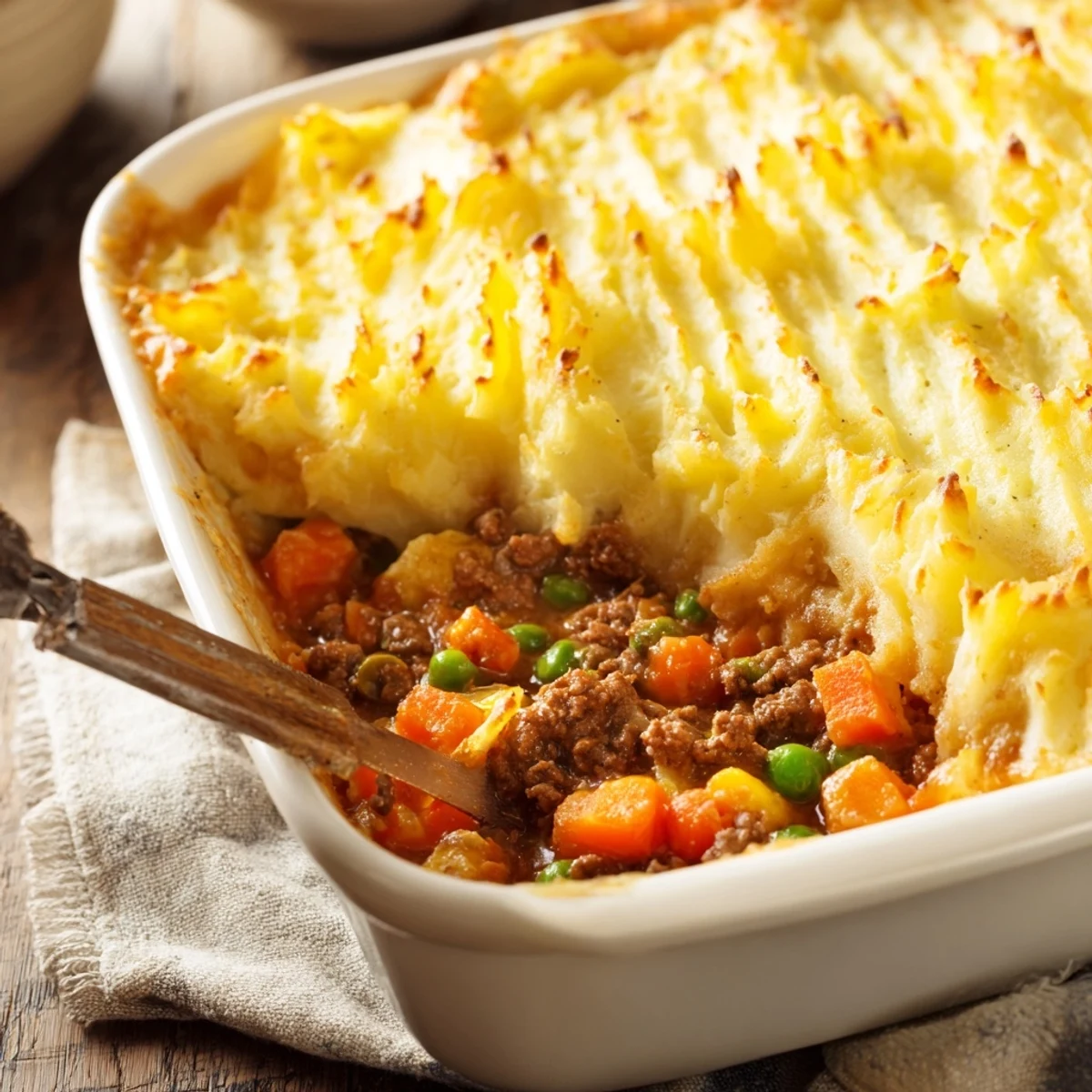 A close view of Easy Shepherds Pie highlights steam rising from the cheesy, fork-ridged potato crust over hearty ground beef.