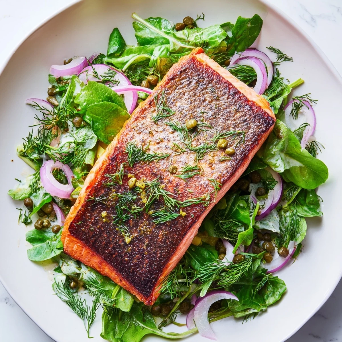 Close-up of Tasmanian Atlantic salmon with crackling crisp skin beside a zesty, herbaceous salad on a ceramic plate.