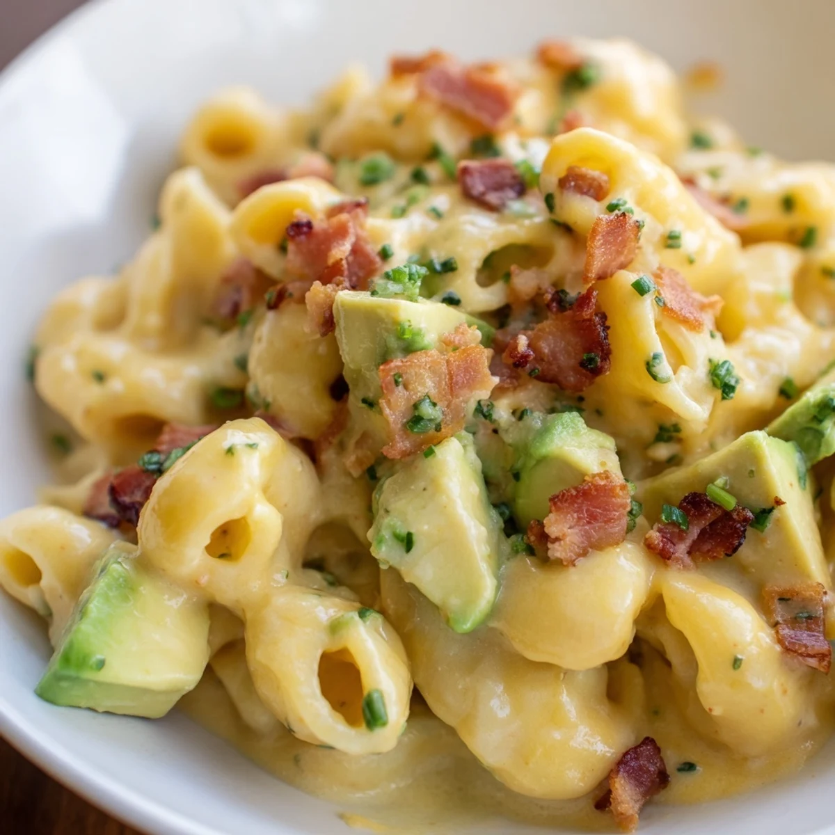 Creamy avocado and bacon mac and cheese served in a rustic bowl, topped with crispy bacon bits and fresh chives.