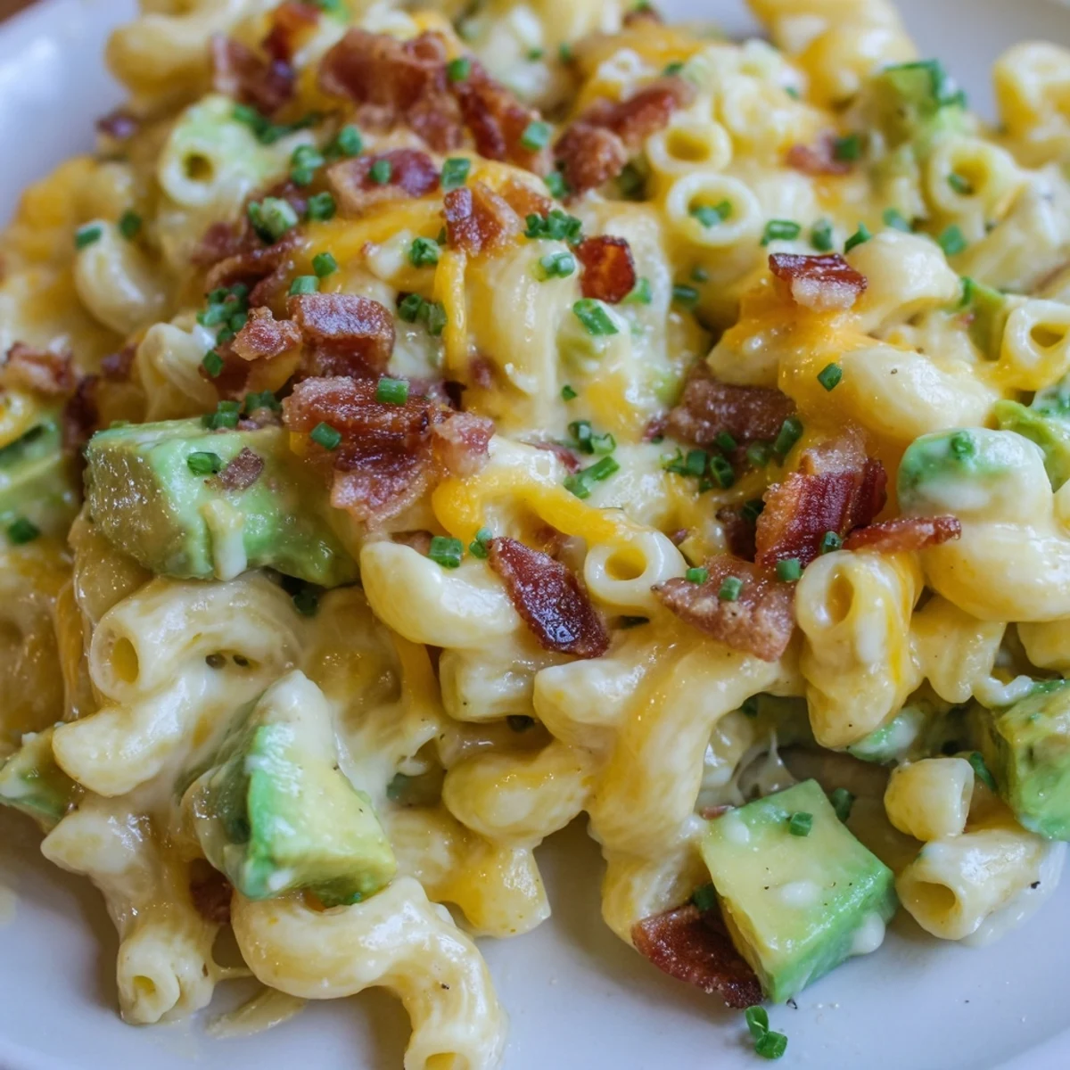 Comforting, creamy avocado and bacon mac and cheese garnished with chives on a white ceramic plate beside a wine glass.