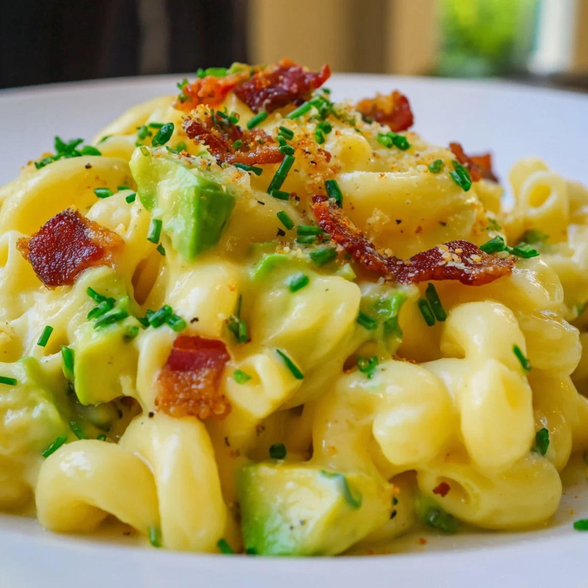 Indulgent homemade avocado and bacon mac and cheese with melted cheddar, ready to serve with crusty bread for dinner.