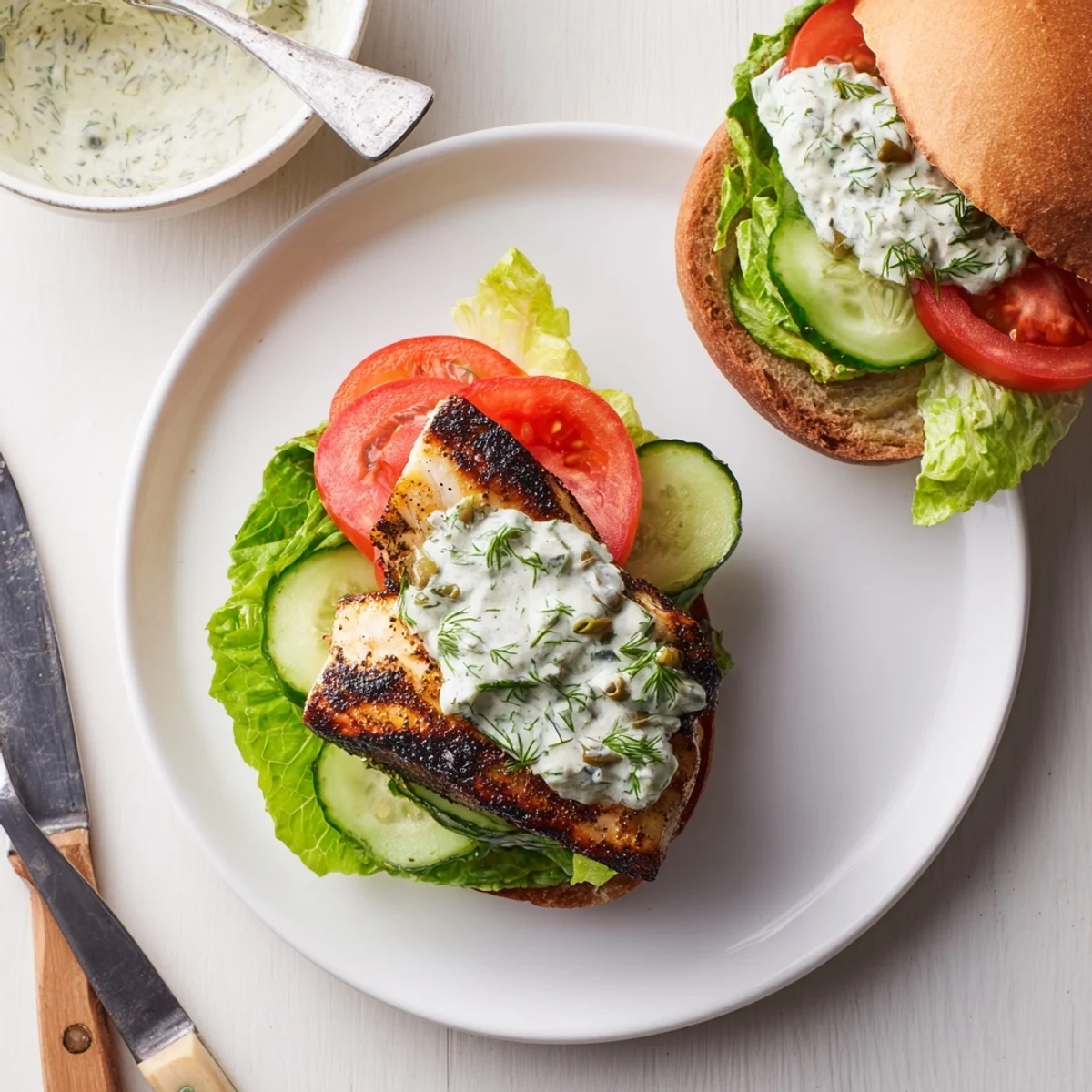 Grilled cos leaves and charred lemon wedges frame the flaky fish burger, finished with creamy jalapeño tartare sauce.