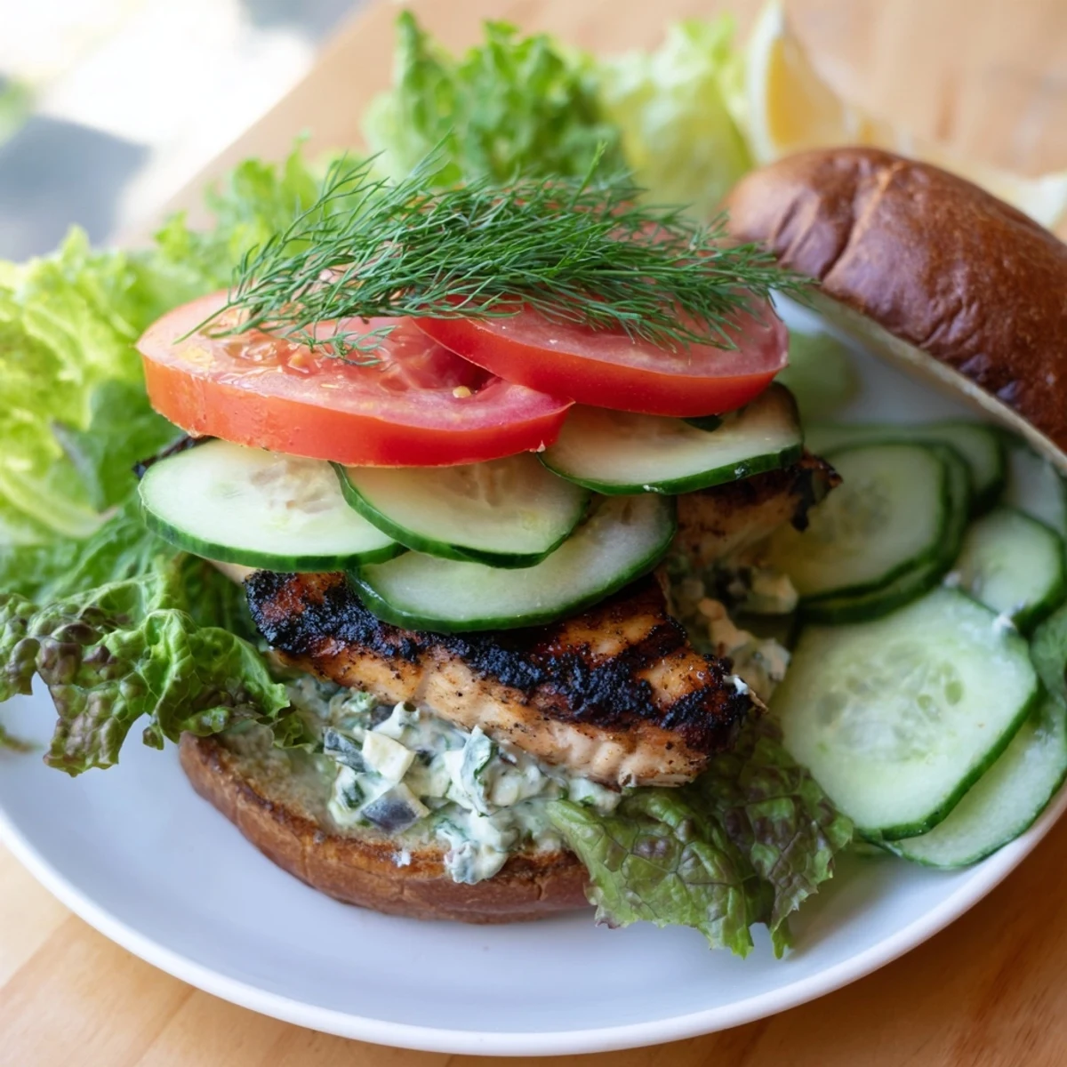 Juicy grilled barramundi patty sits on grilled cos lettuce with smoky lemon jalapeño tartare on a toasted brioche bun.