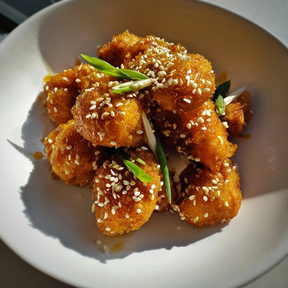 Golden brown Sticky Honey Garlic Cauliflower florets coated in a sticky glaze and garnished with sesame seeds and green onions on a white plate.