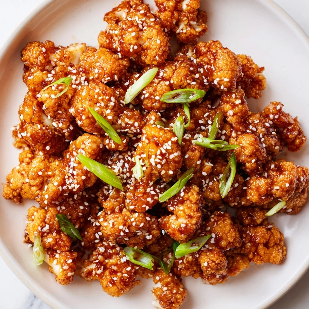 Oven-baked Sticky Honey Garlic Cauliflower arranged on a baking sheet with a glossy honey garlic sauce drizzled over the crispy pieces.