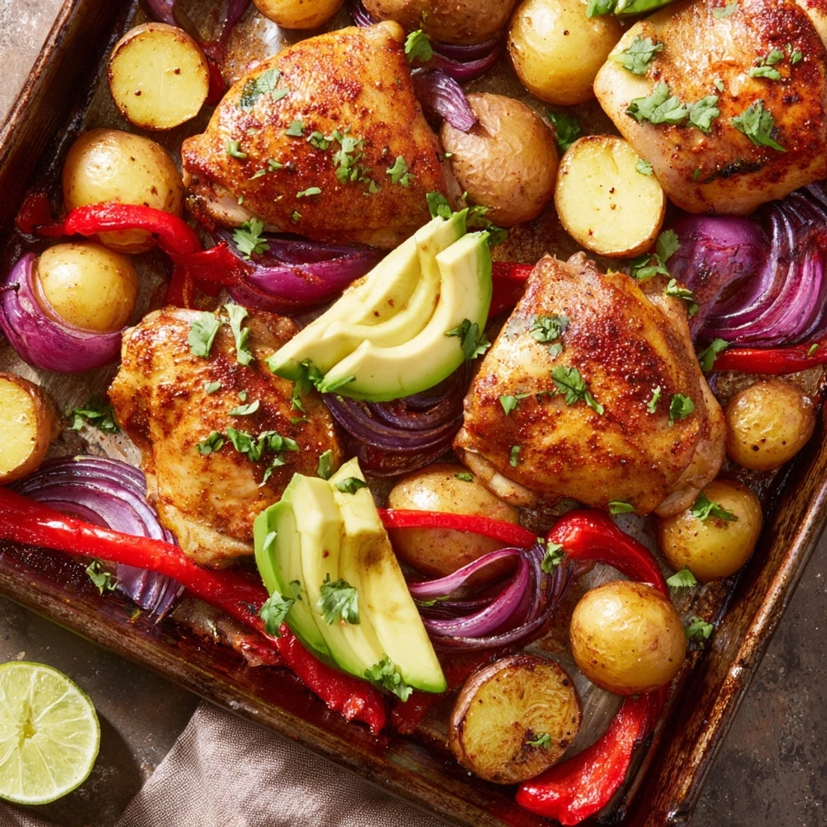 A hearty Chicken Avocado and Crunchy Potato Tray Bake features roasted baby potatoes, tender chicken thighs, and fresh avocado, all seasoned with smoked paprika and served with zesty lime.