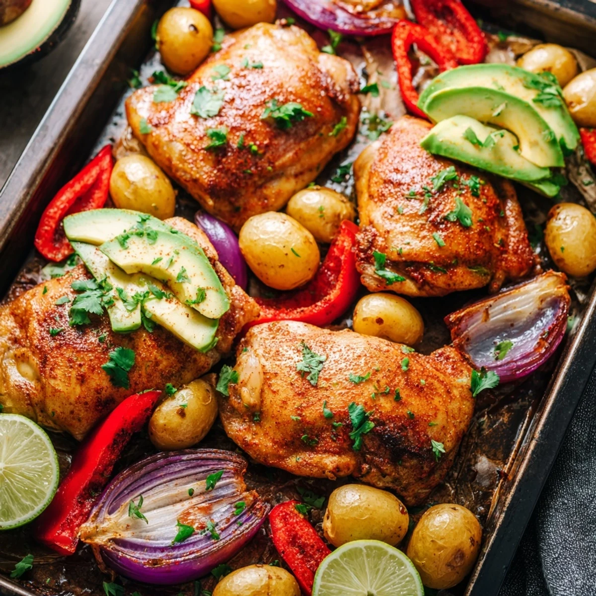 Crispy golden potatoes, succulent chicken thighs, and creamy avocado slices make this Chicken Avocado and Crunchy Potato Tray Bake a vibrant one-pan meal, garnished with fresh parsley and lime wedges.
