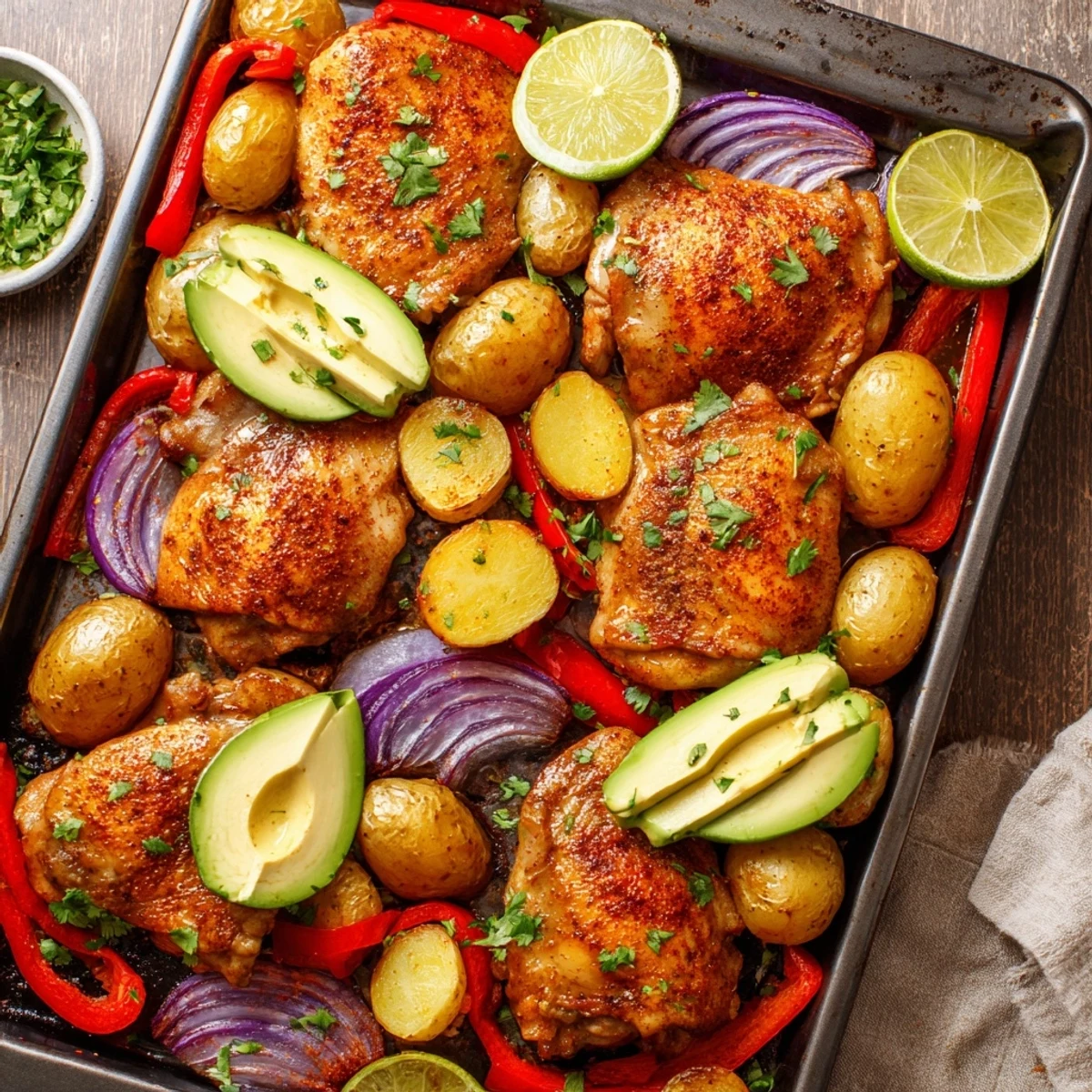 This Chicken Avocado and Crunchy Potato Tray Bake shows colorful roasted vegetables, golden potatoes, and sliced avocado, creating a gluten-free main dish perfect for a wholesome weeknight dinner.