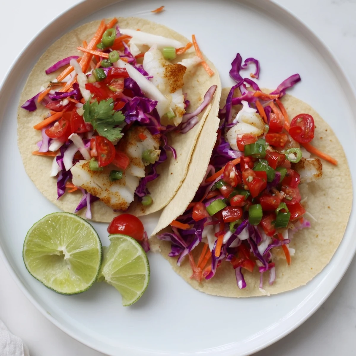 Flaky grilled barramundi tucked into warm corn tortillas with rainbow slaw and salsa.