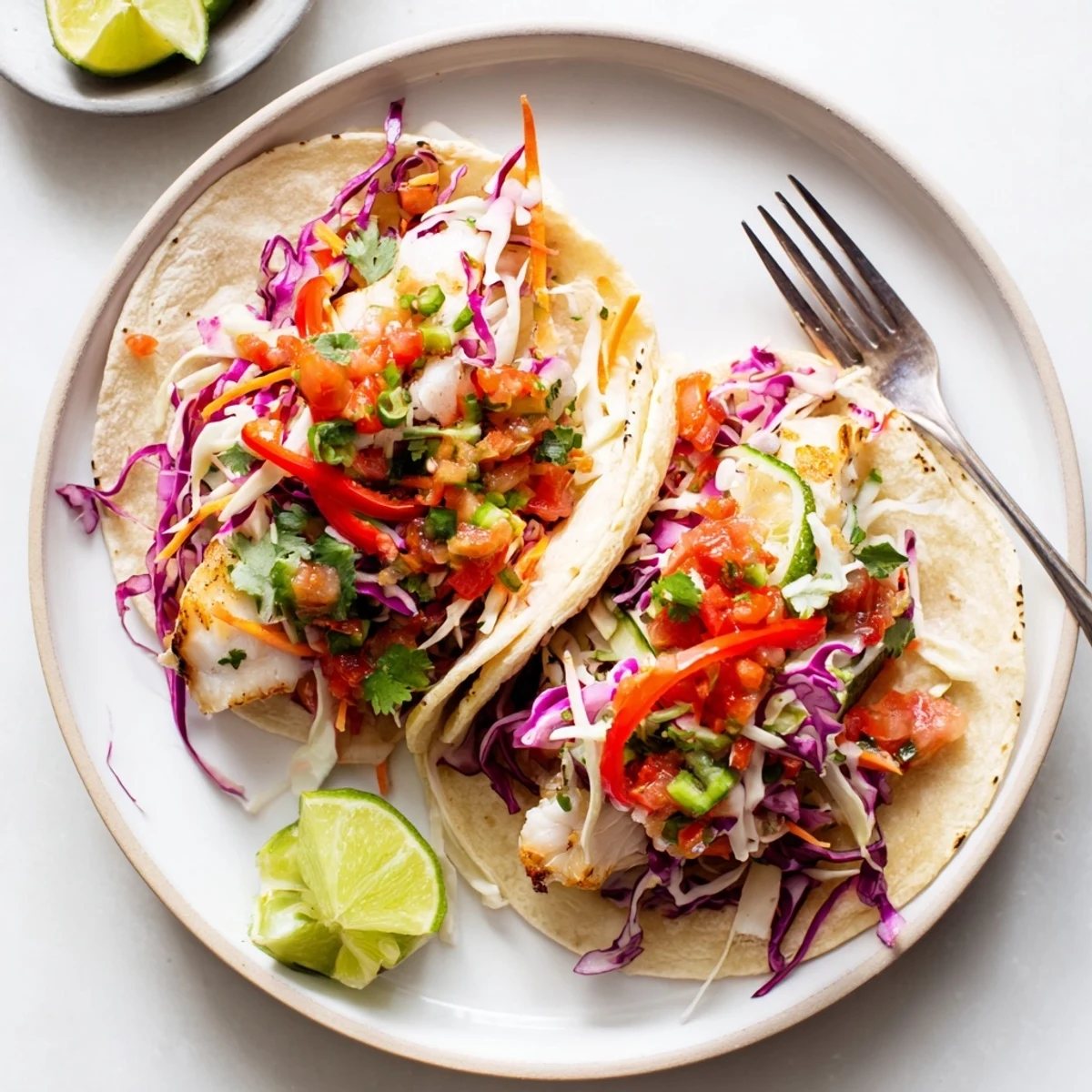 Barramundi Tacos with Rainbow Slaw and Salsa topped with lime wedges on a plate.
