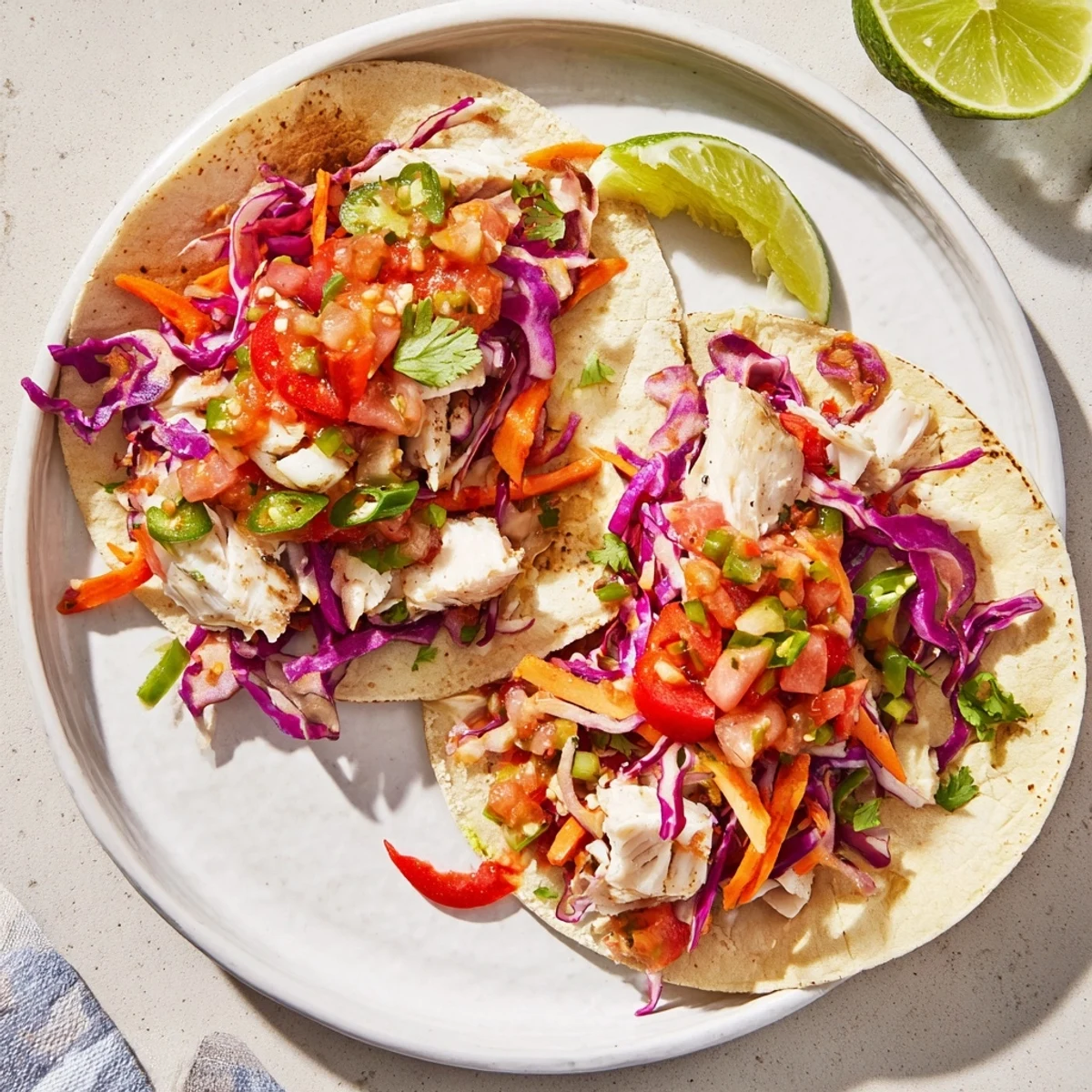 Zesty Barramundi Tacos with Rainbow Slaw and Salsa served with fresh cilantro and jalapeños.