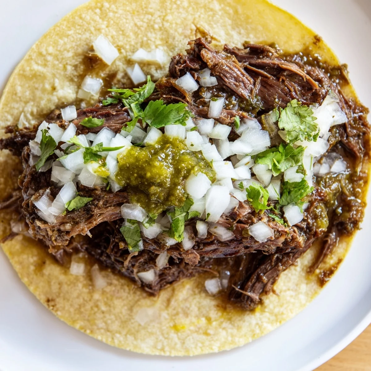 A plate of Beef Cheek Tacos garnished with zesty salsa verde and lime wedges for squeezing.