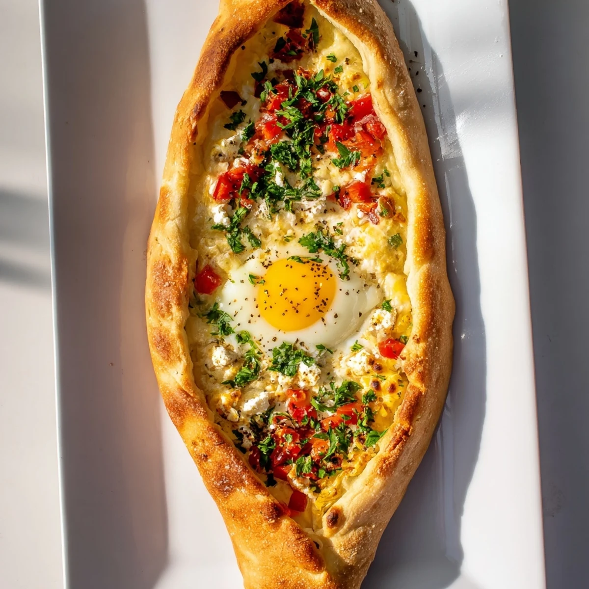 Freshly baked Turkish Pide with Egg, Tomato, and Cheese showcases a golden, flaky boat filled with melted mozzarella and crumbled feta.