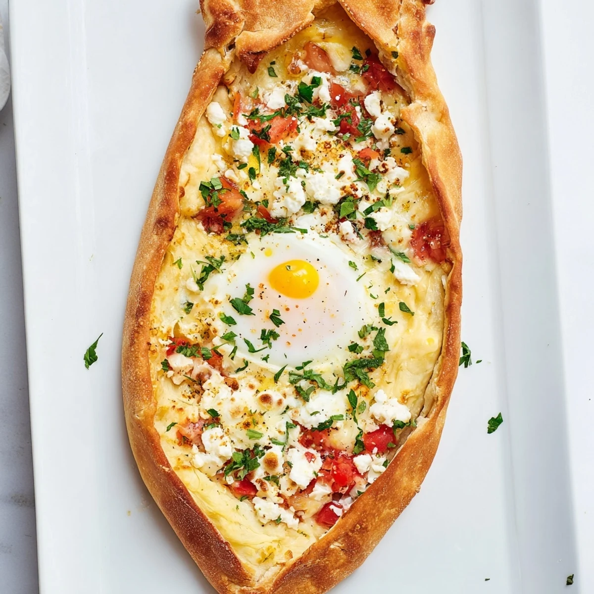 Close-up of a slice of Turkish Pide with Egg, Tomato, and Cheese revealing steamy cheese pull and parsley garnish.