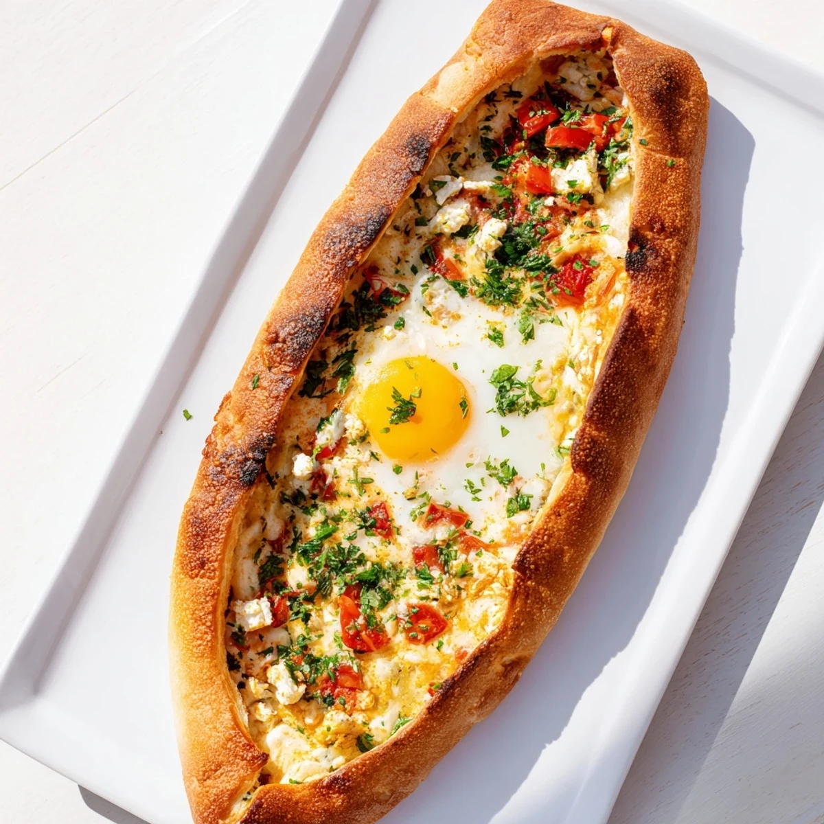 Overhead view of Turkish Pide with Egg, Tomato, and Cheese on a rustic board, featuring a runny yolk and diced ripe tomatoes.