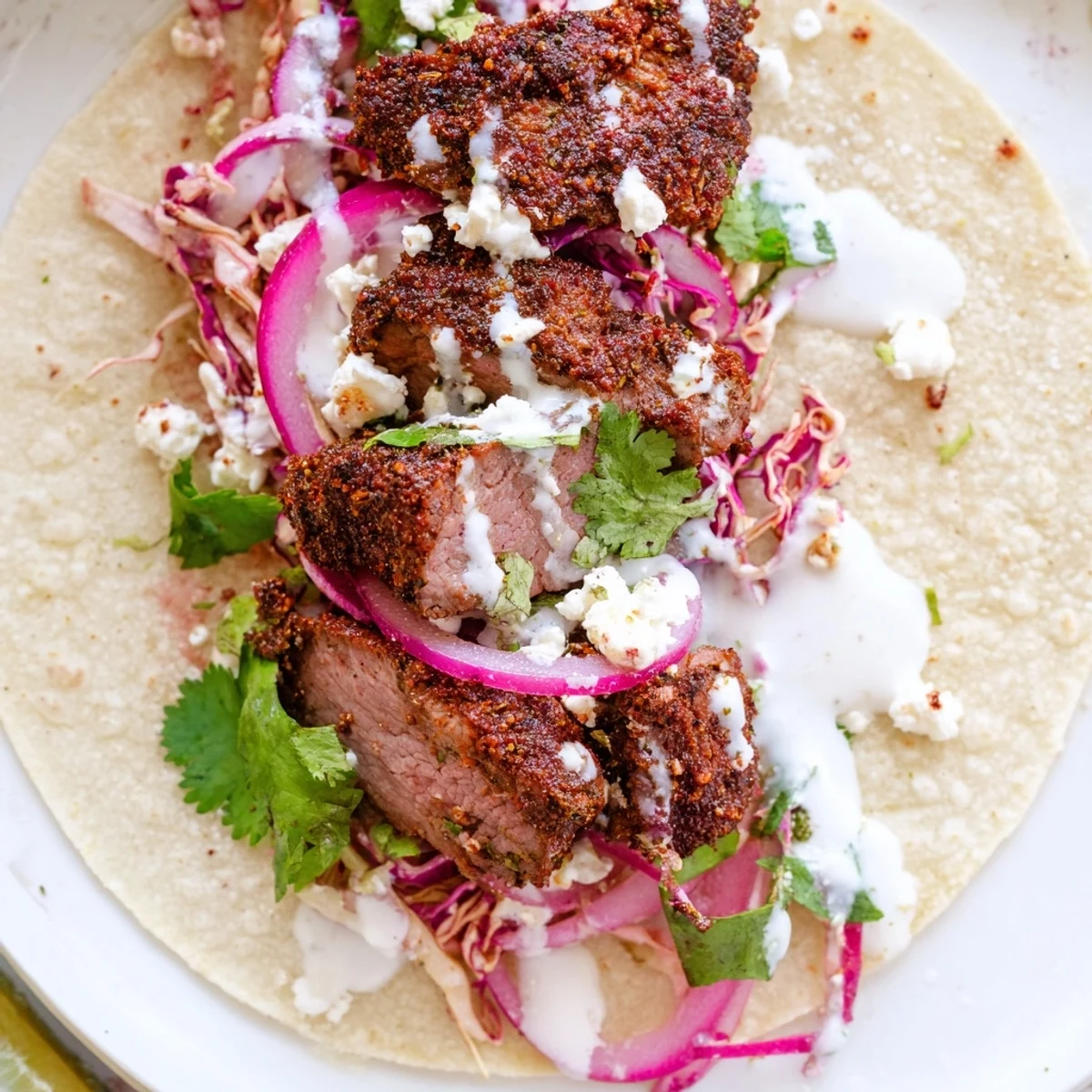 Cumin Crusted Leg of Lamb with Tacos are served warm in corn tortillas topped with crumbled feta and crunchy slaw.