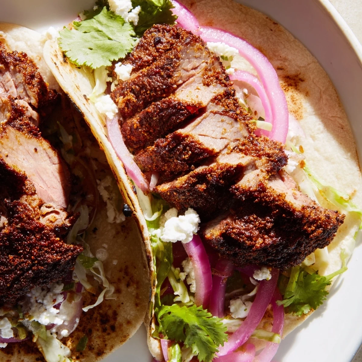 Thin slices of Cumin Crusted Leg of Lamb with Tacos rest on a wooden board, garnished with lime wedges and fresh cilantro.