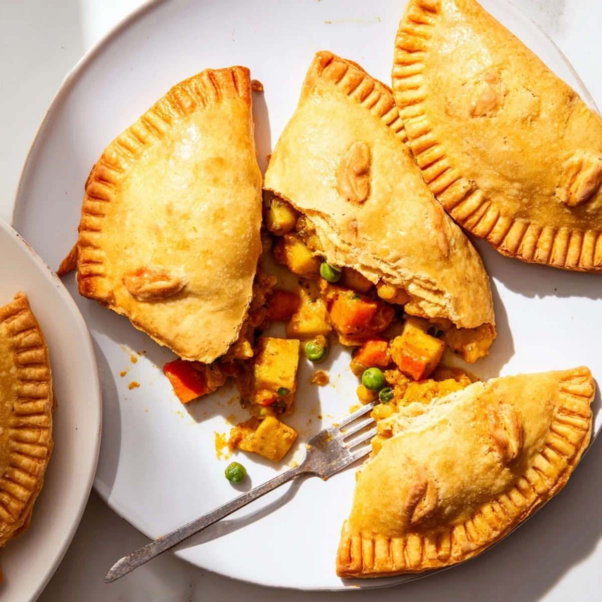 A close-up view shows a split Tikka Masala Vegetarian Pie revealing spiced vegetable filling in a velvety red sauce, steam rising gently.