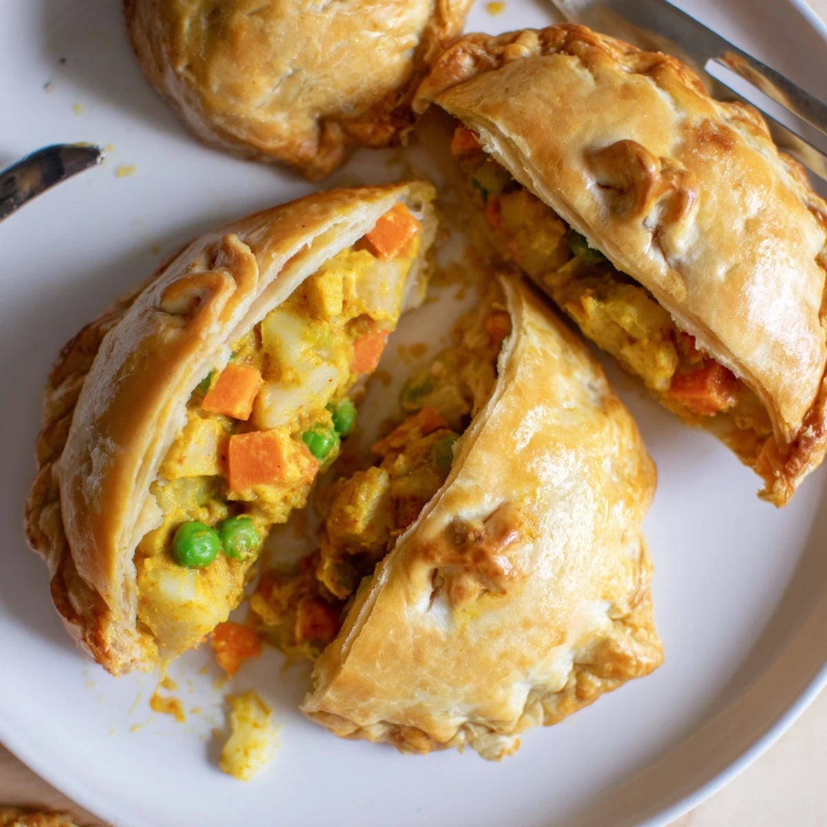 A golden, flaky hand pie sits on a rustic wooden board beside fresh cilantro and a small bowl of creamy tomato tikka masala sauce.