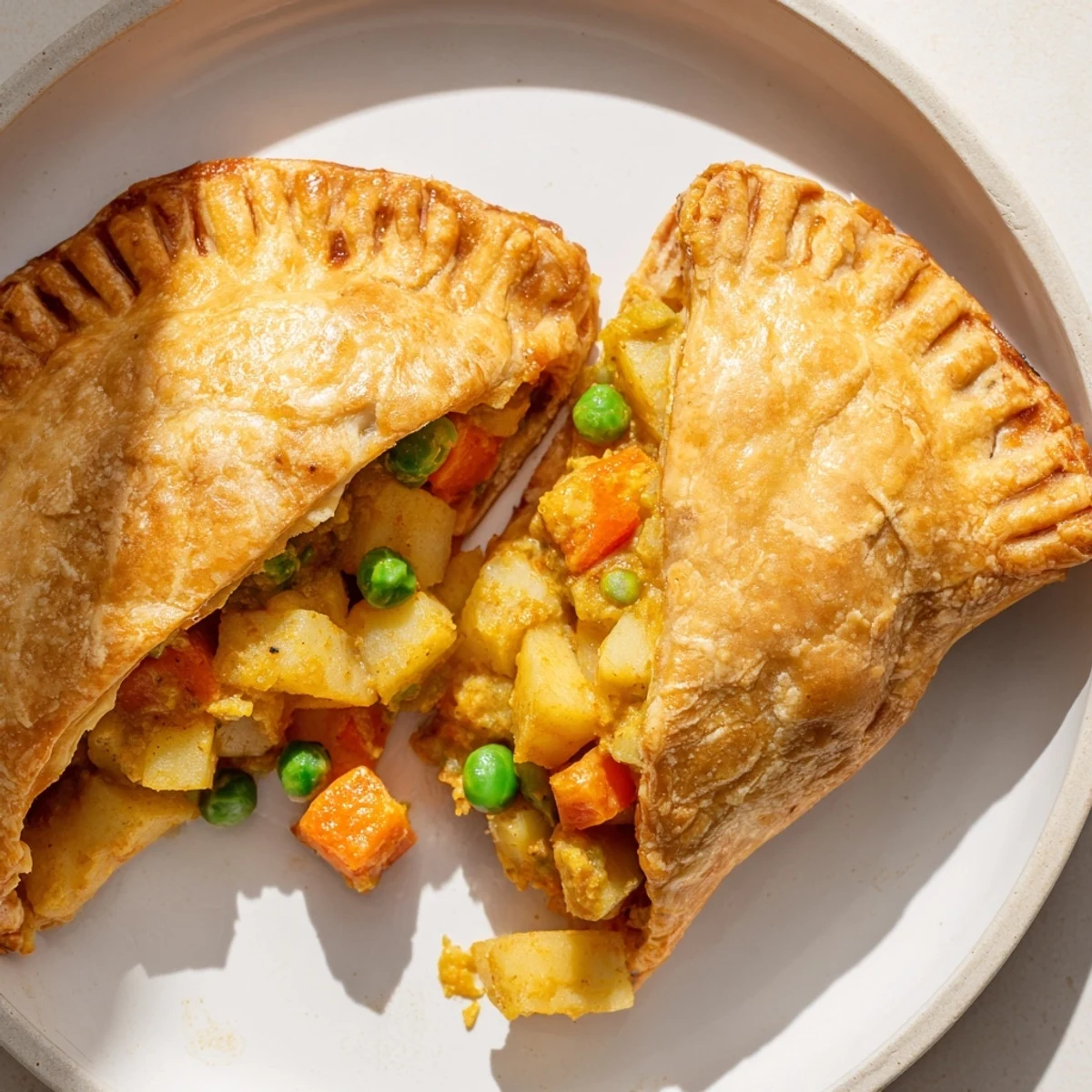 Freshly baked Tikka Masala Vegetarian Pies are arranged on a parchment-lined tray, brushed golden, ready to serve for a cozy dinner.