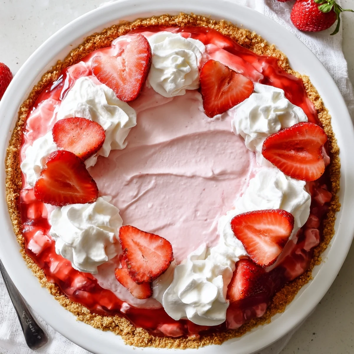 A slice of Easter No Bake Jello Pie – Creamy Strawberry Delight on a pastel plate with whipped cream and fresh berries.