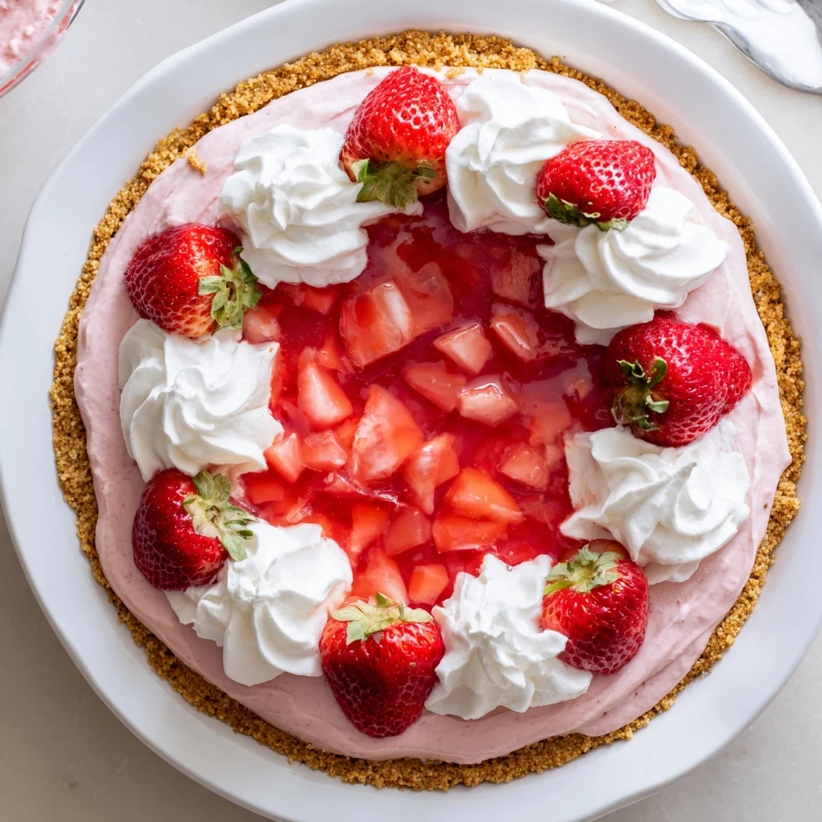 Easter No Bake Jello Pie – Creamy Strawberry Delight with a graham cracker crust and vibrant red Jello layer.