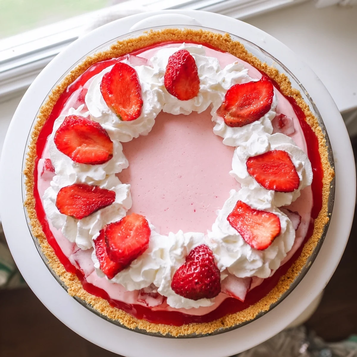 Serving Easter No Bake Jello Pie – Creamy Strawberry Delight garnished with sliced strawberries and pastel sprinkles for spring.