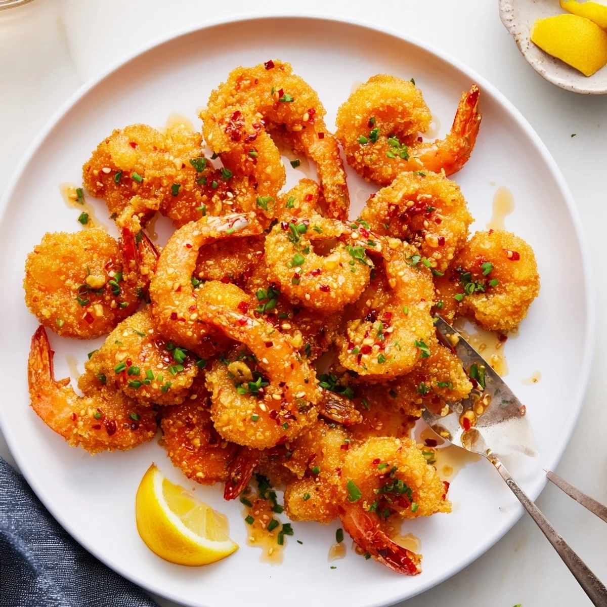 Crispy golden Hot Honey Fried Shrimp with a sticky sweet glaze, served with lemon wedges and fresh chives.  