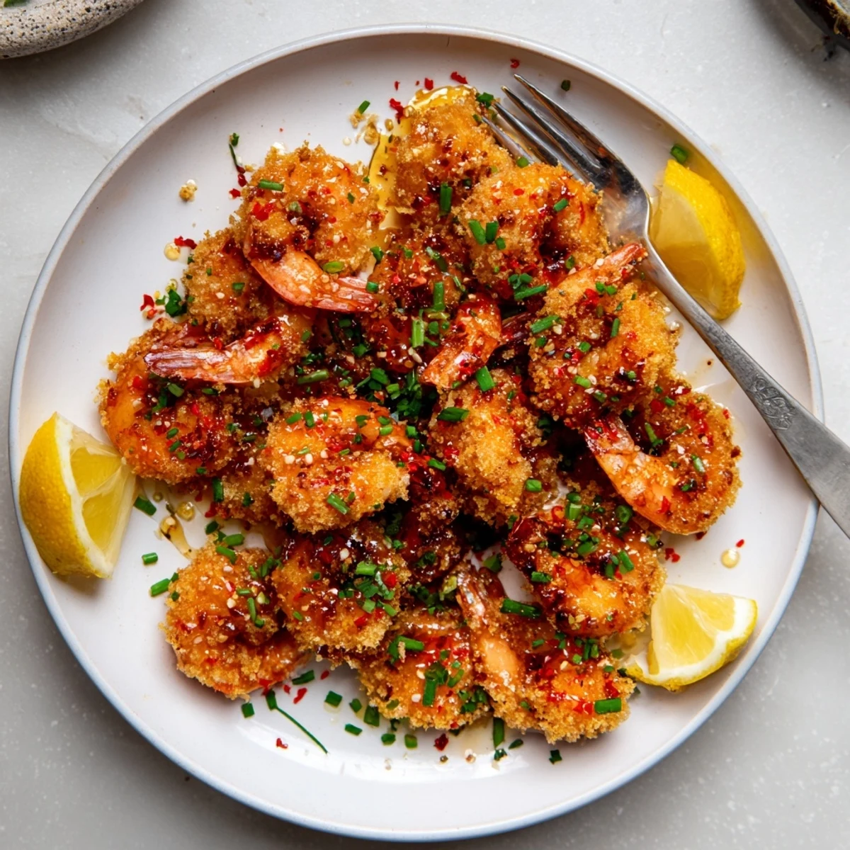 Close-up of golden Hot Honey Fried Shrimp stacked on a plate, drizzled with glaze and garnished with parsley.