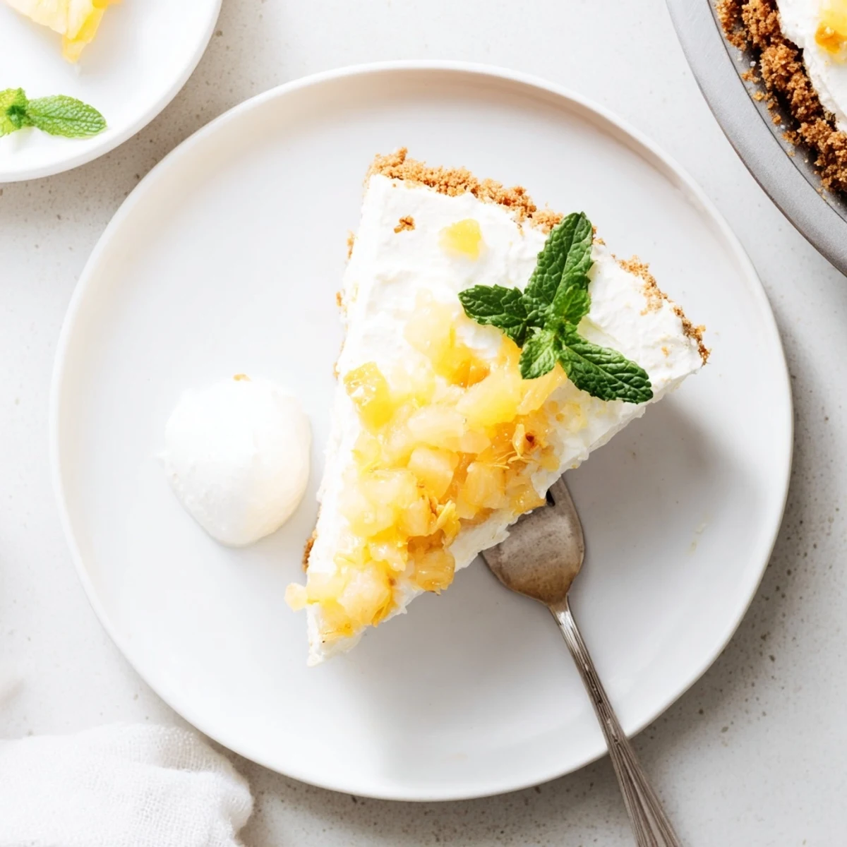 Creamy no bake pineapple cheesecake with graham cracker crust and fresh mint garnish on a chilled summer dessert plate.