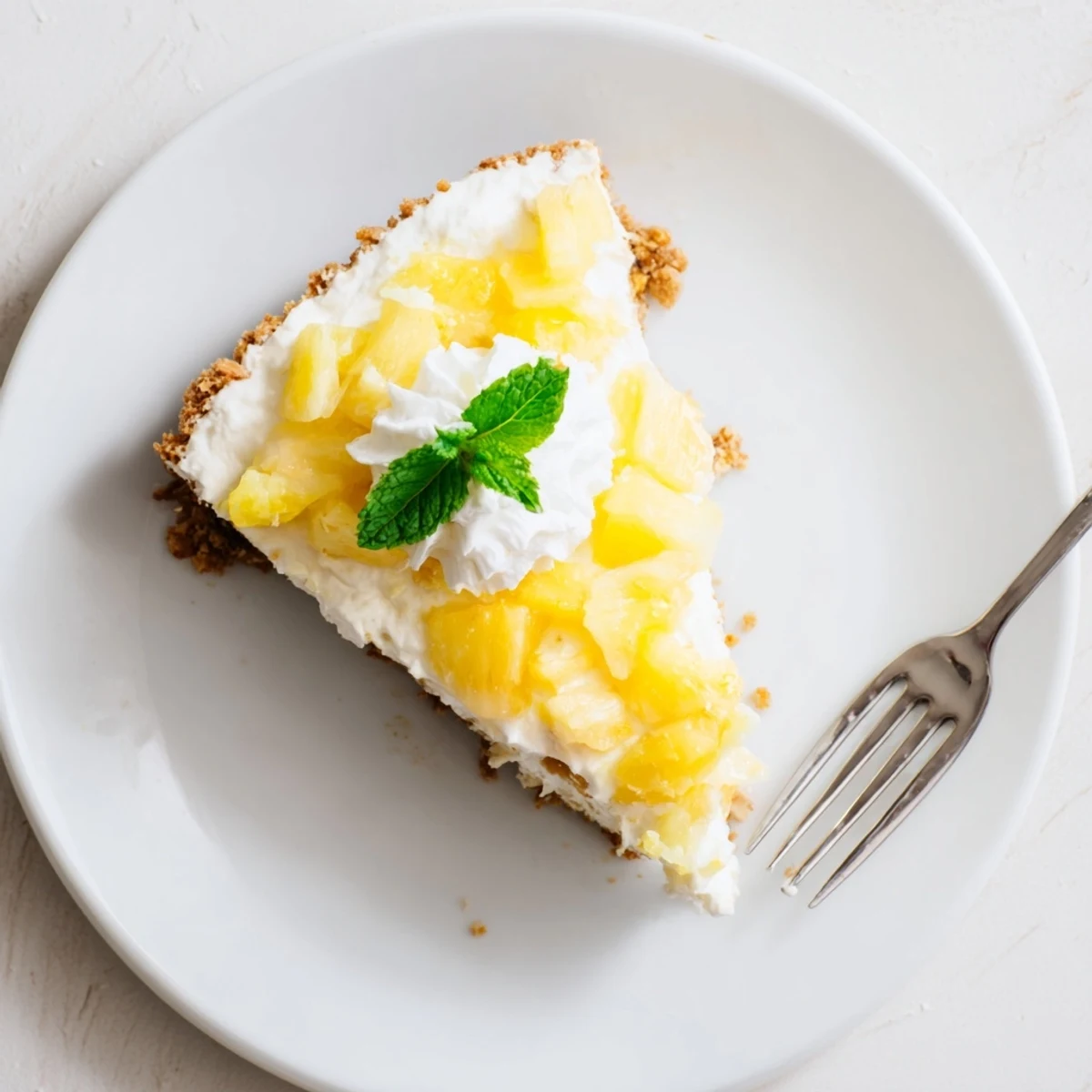 No bake pineapple cheesecake on a marble counter, golden crust, fluffy filling, and lemon zest aroma for easy entertaining.