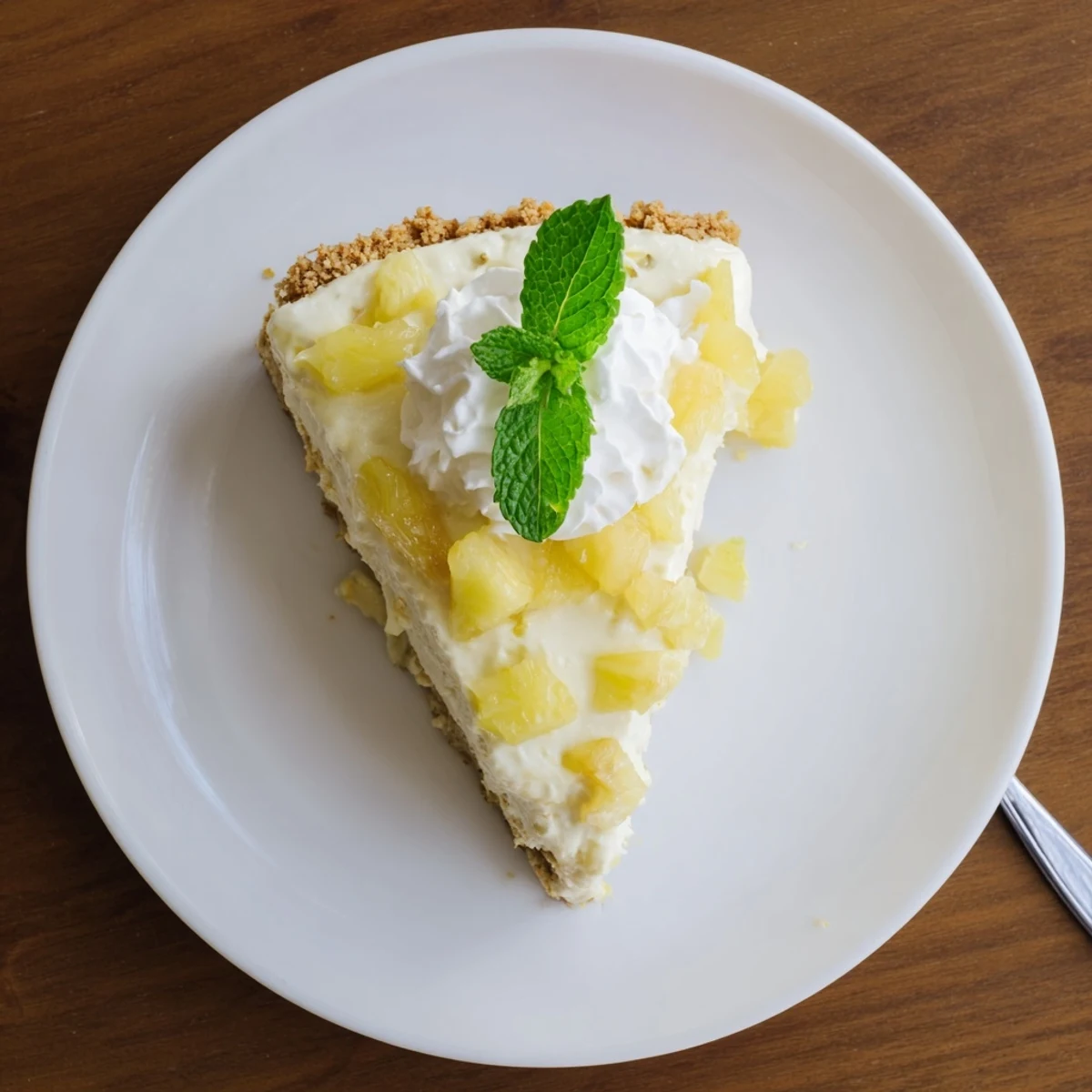 A slice of no bake pineapple cheesecake topped with crushed pineapple and dollops of whipped cream beside iced tea.