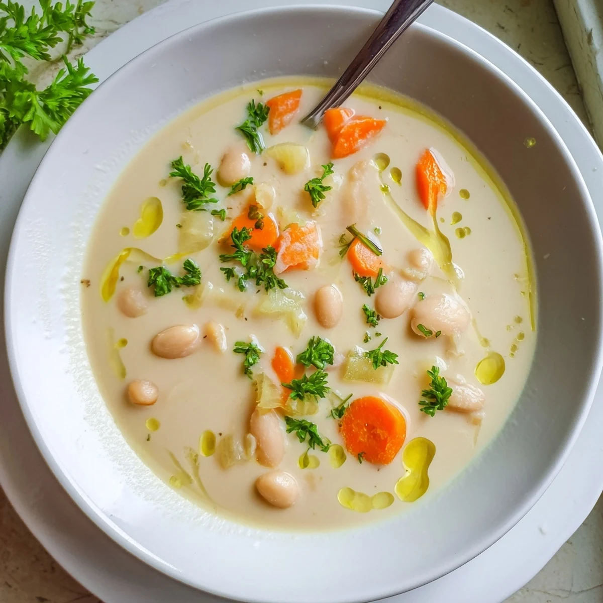 Steaming bowl of Cozy Rosemary Garlic White Bean Soup garnished with fresh parsley and crusty bread