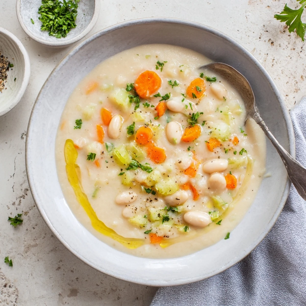 Warm Cozy Rosemary Garlic White Bean Soup simmering in a pot with carrots and celery