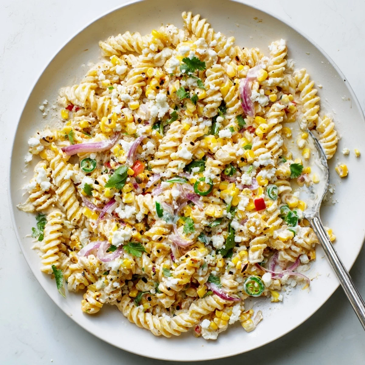 Bright Mexican Street Corn Pasta Salad in a white bowl, featuring creamy dressing, crumbled cotija cheese, and fresh cilantro garnish.
