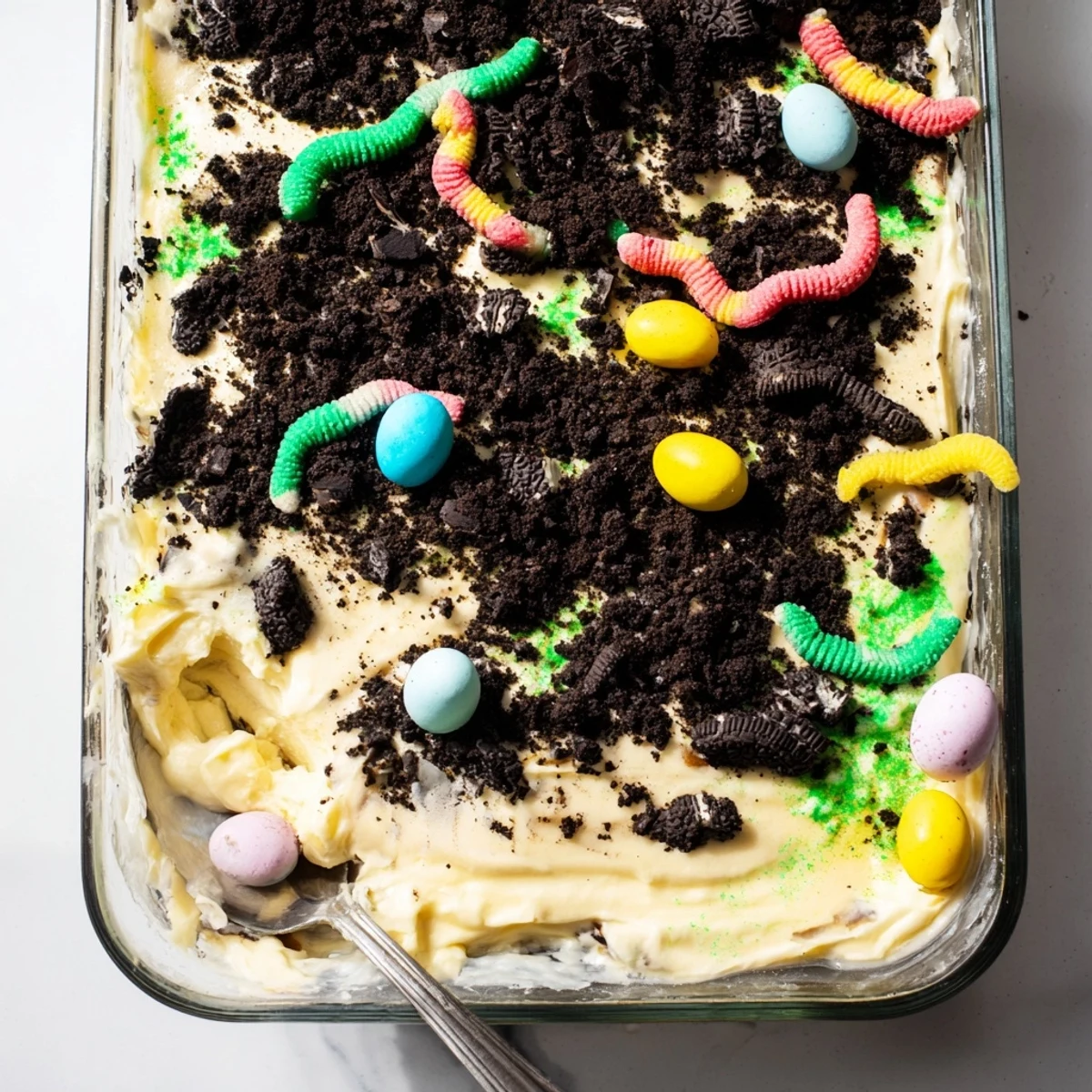A slice of Easter Dirt Cake Casserole reveals creamy layers of vanilla pudding and rich chocolate cookie crumbs.