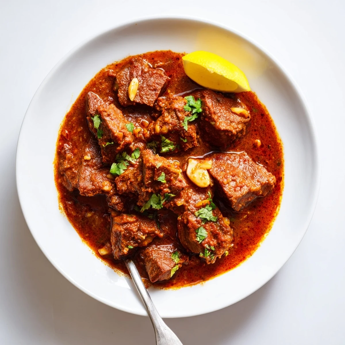 Steaming Indian Beef Curry with Tomato Gravy simmering in a pot, garnished with cilantro and served alongside fluffy basmati rice.