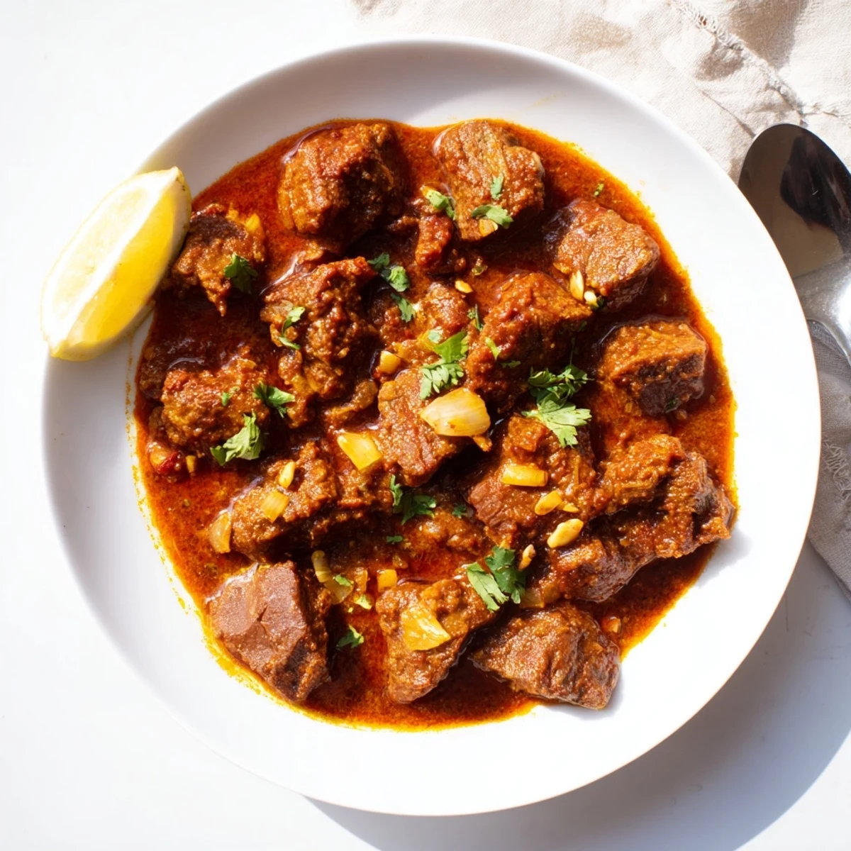 A rich bowl of Indian Beef Curry with Tomato Gravy ladled over white rice, featuring tender beef cubes and vibrant spices.