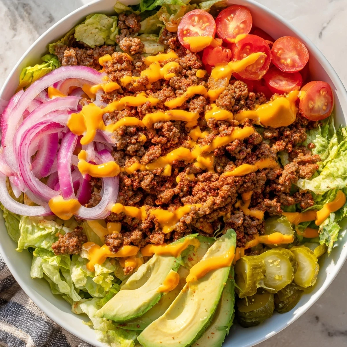 Savory cheeseburger flavors in a low-carb bowl featuring crisp romaine, juicy tomatoes, melted cheese, avocado, and a tangy homemade burger sauce.