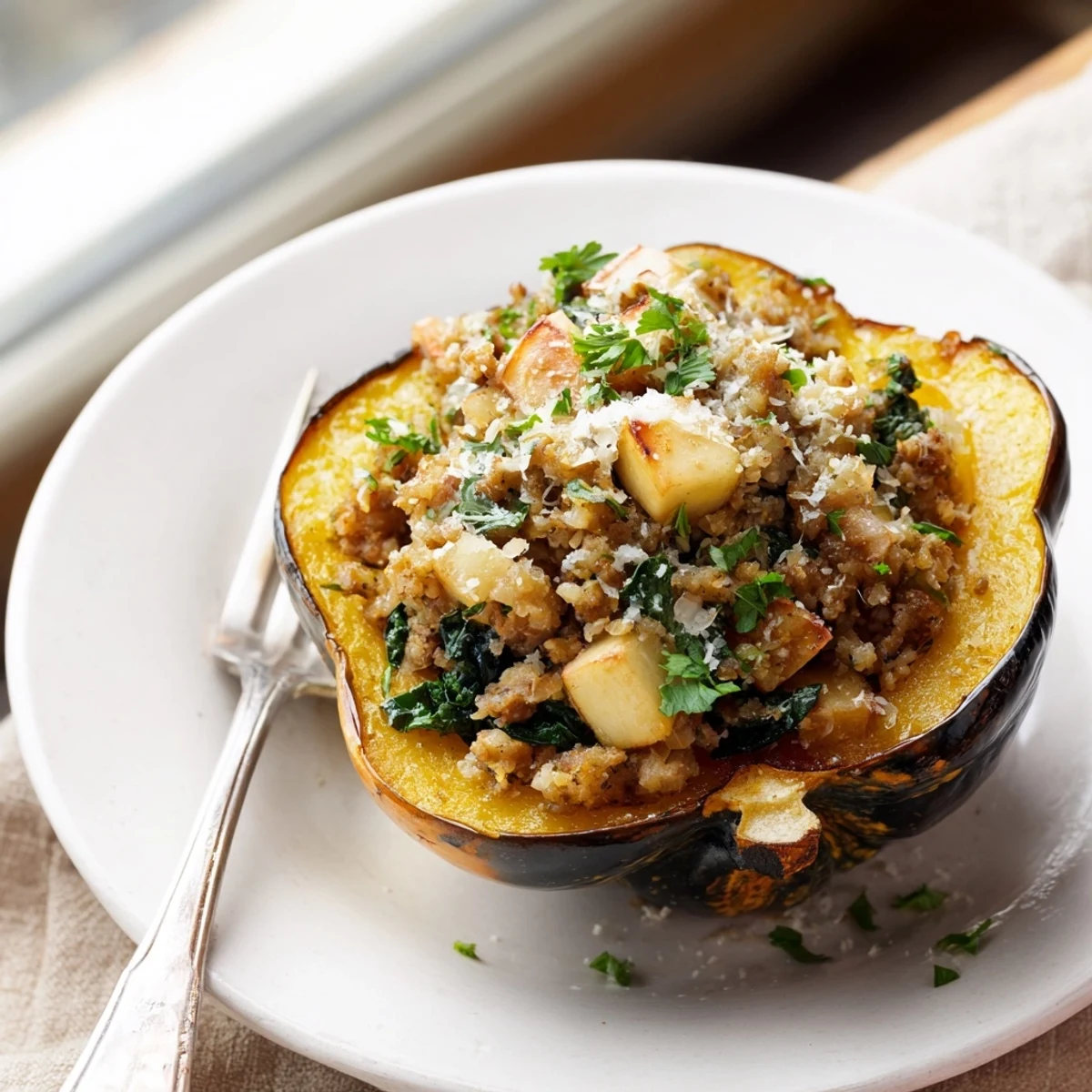Roasted acorn squash halves stuffed with savory turkey filling, garnished with fresh parsley for a warm autumn meal.