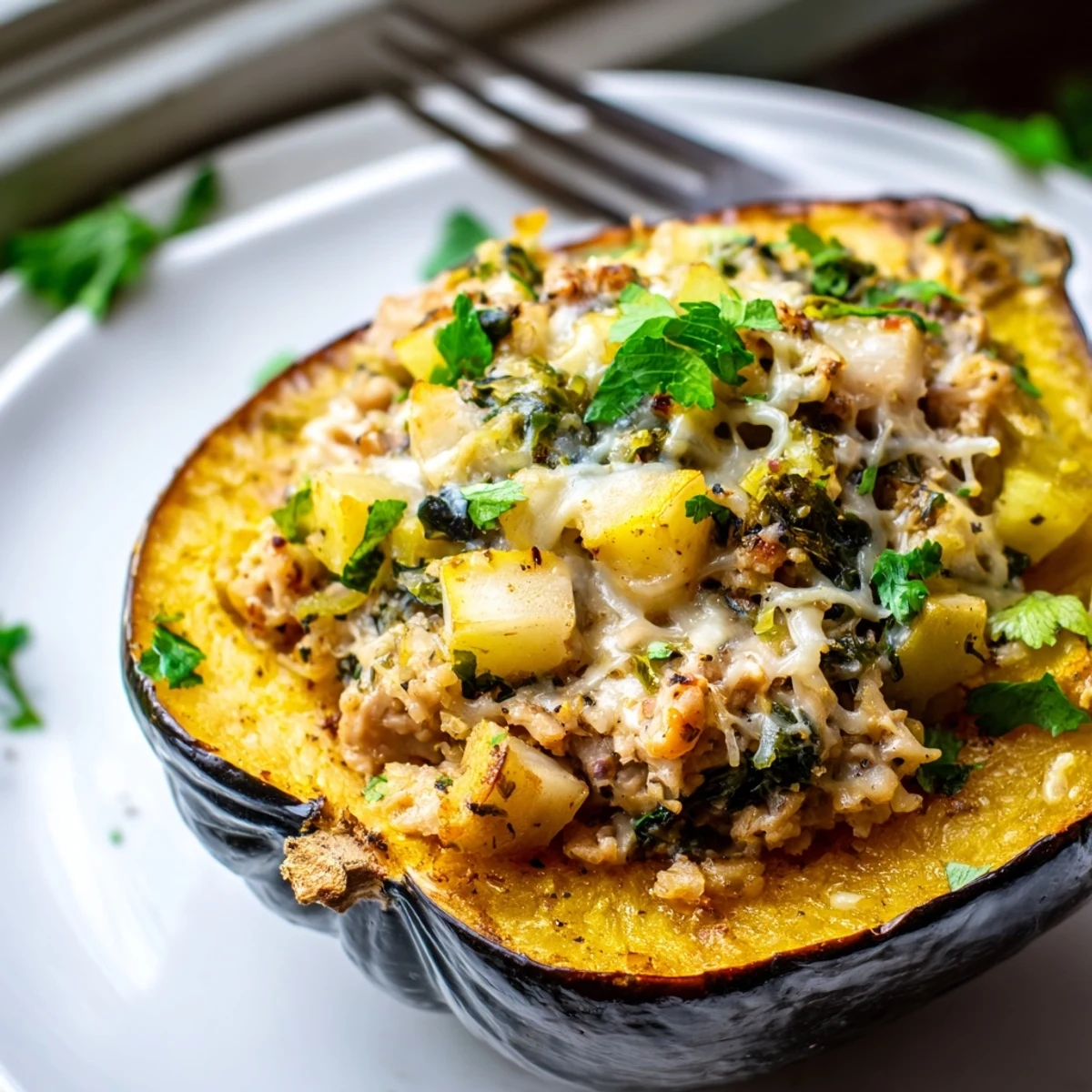 Turkey stuffed acorn squash served hot with melted Parmesan, sage-scented turkey, and tender roasted squash halves.