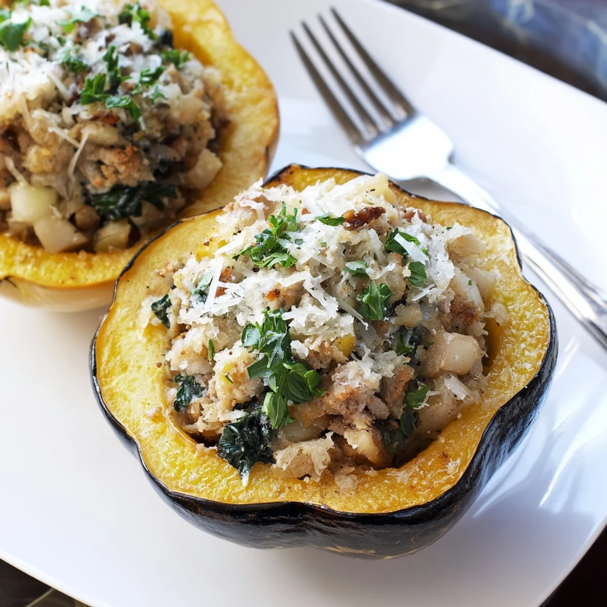 Golden baked turkey stuffed acorn squash halves with spinach, apple, and herbs, perfect for a comforting dinner.