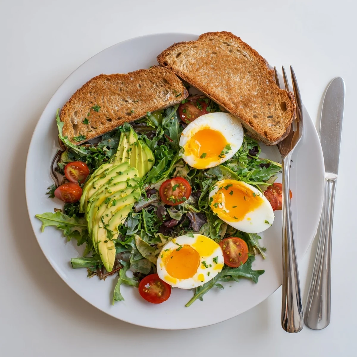Vibrant Savory Breakfast Plate with Soft Eggs, Toast and Greens arranged on a rustic table with morning light.