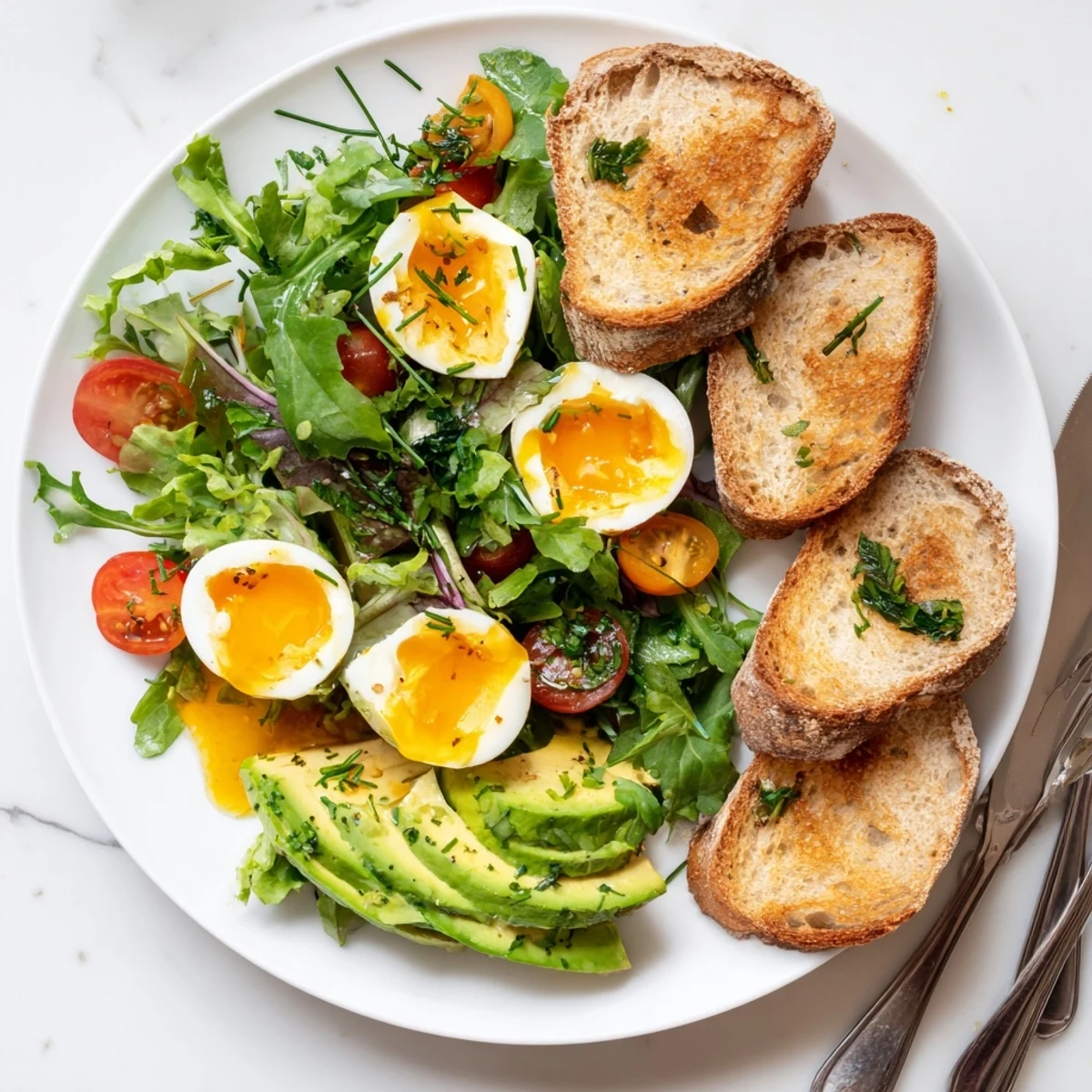 Savory Breakfast Plate with Soft Eggs, Toast and Greens served with avocado and a steaming cup of coffee.